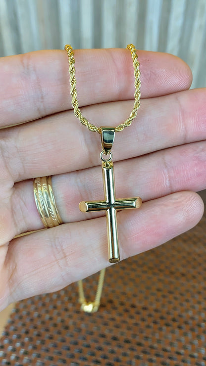 Tube Cross Necklace Rope Chain 18" for Mens Womens Gold Filled
