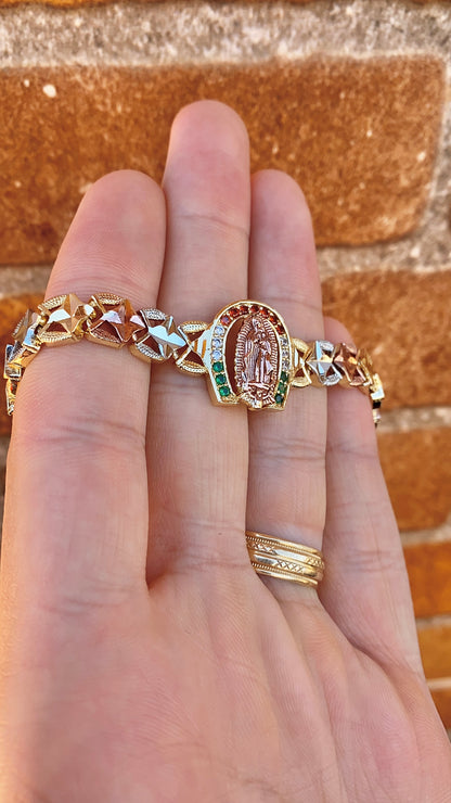 Tri Color CZ Virgen de Guadalupe Bracelet for Womens 7.5"