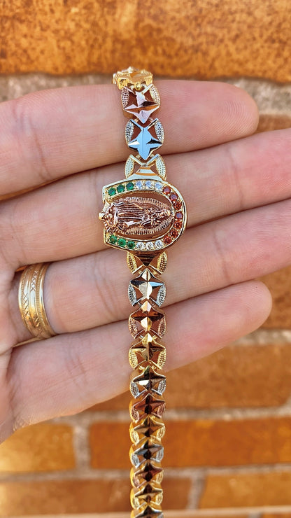 Tri Color CZ Virgen de Guadalupe Bracelet for Womens 7.5"