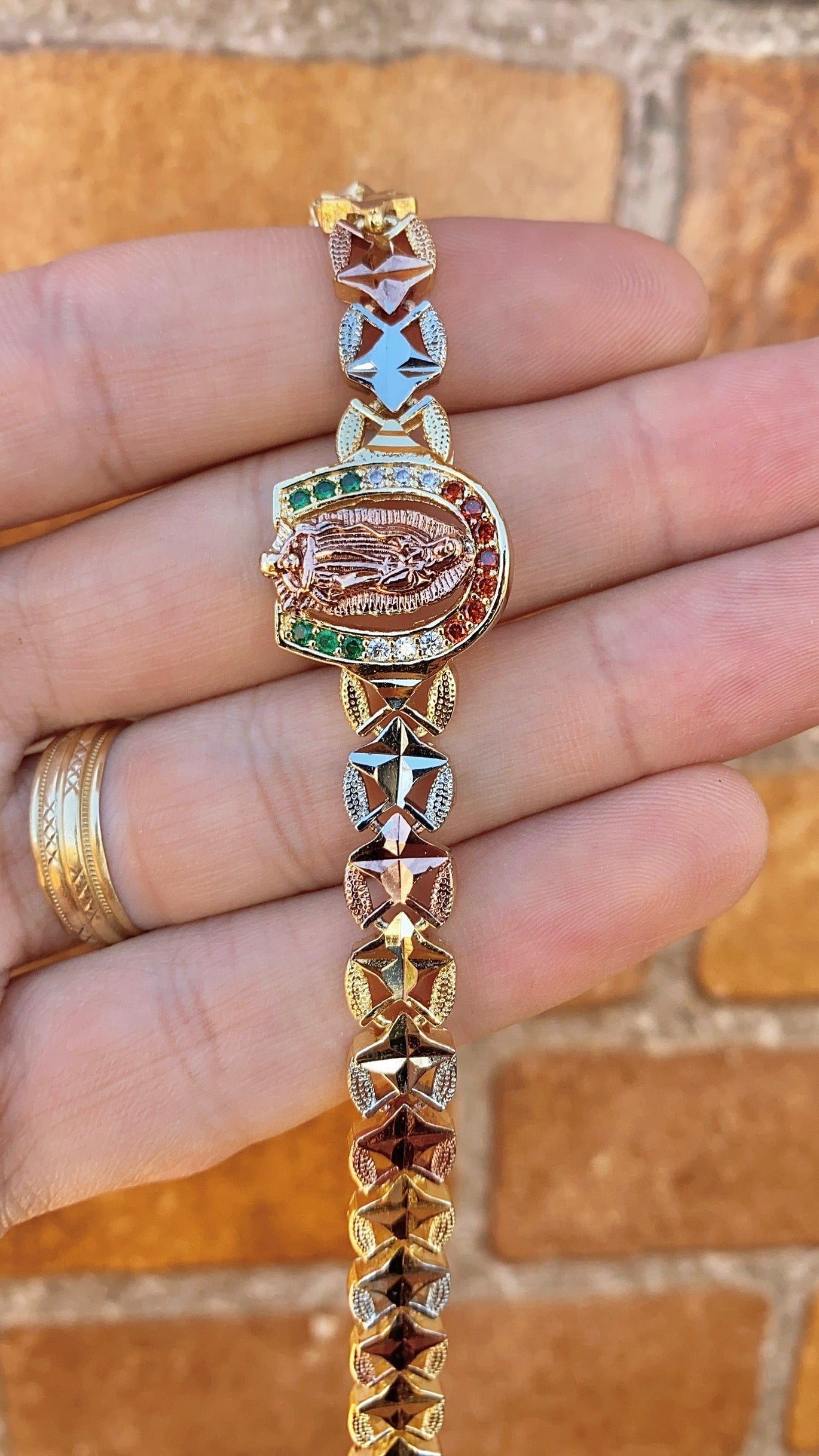 Tri Color CZ Virgen de Guadalupe Bracelet for Womens 7.5"