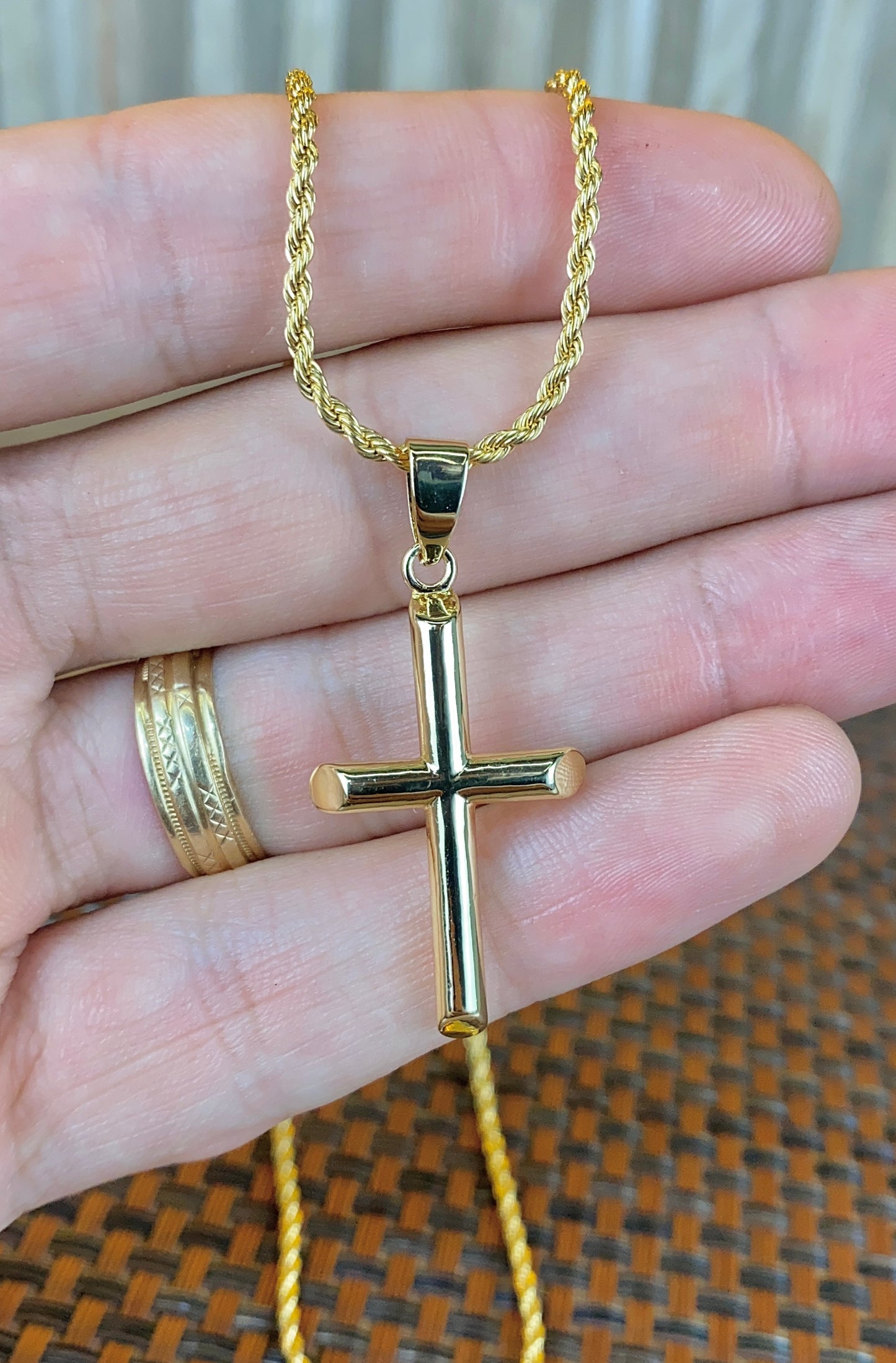 Tube Cross Necklace Rope Chain 18" for Mens Womens Gold Filled