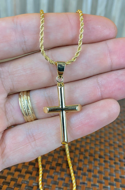 Tube Cross Necklace Rope Chain 18" for Mens Womens Gold Filled