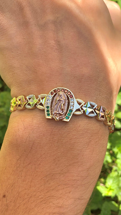 Tri Color CZ Virgen de Guadalupe Bracelet for Womens 7.5"