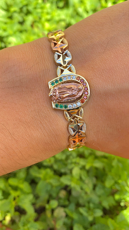 Tri Color CZ Virgen de Guadalupe Bracelet for Womens 7.5"