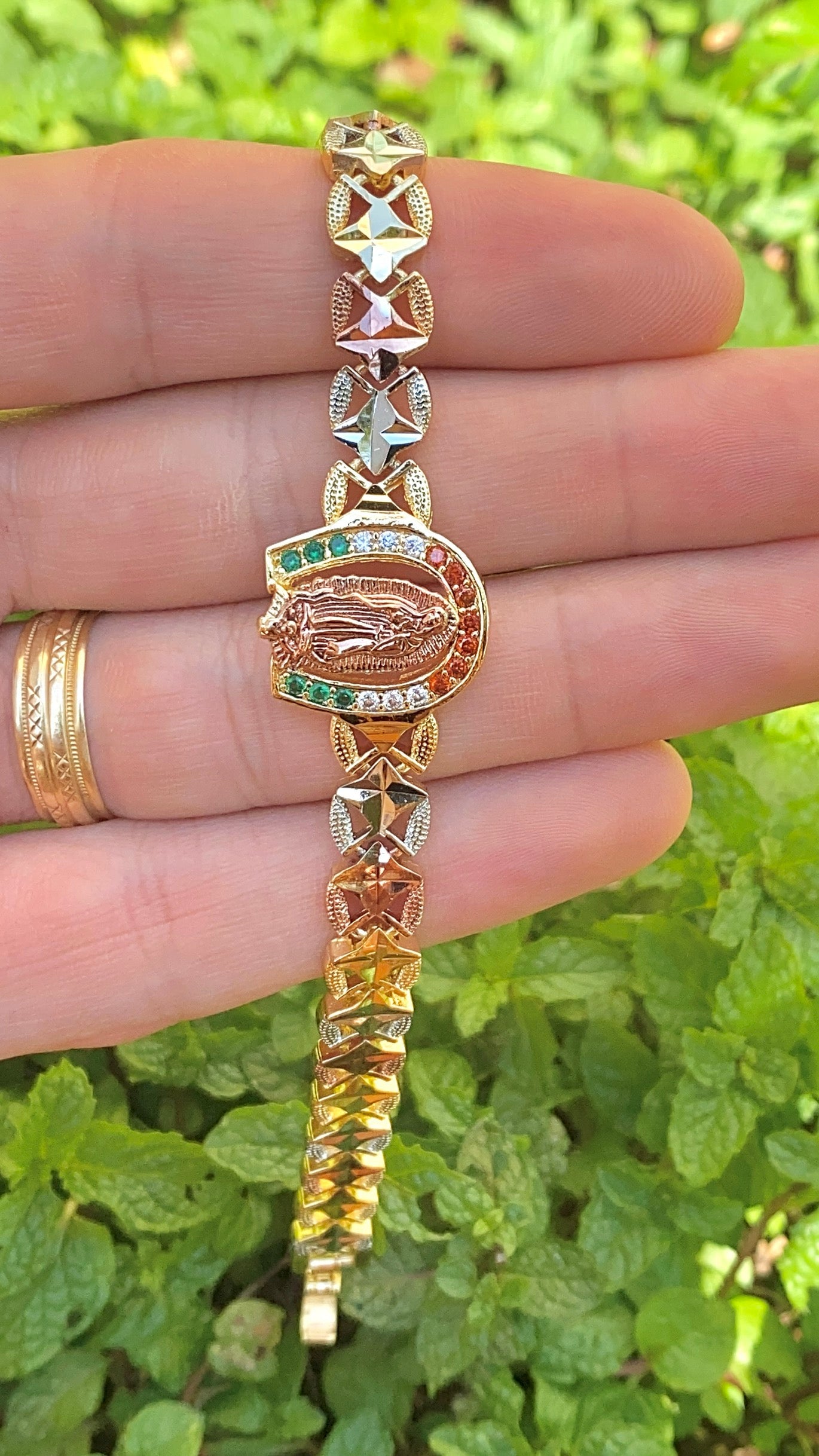 Tri Color CZ Virgen de Guadalupe Bracelet for Womens 7.5"