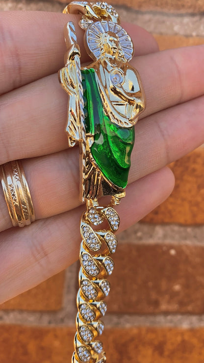 14K Gold Plated CZ San Judas Tadeo Bracelet for Mens 7.5" Gifts for Him
