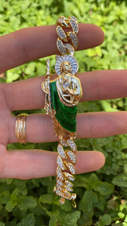 14K Gold Plated CZ San Judas Tadeo Bracelet for Mens 7.5" Gifts for Him