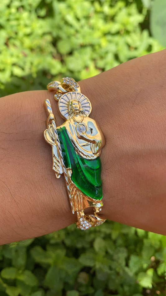 14K Gold Plated CZ San Judas Tadeo Bracelet for Mens 7.5" Gifts for Him