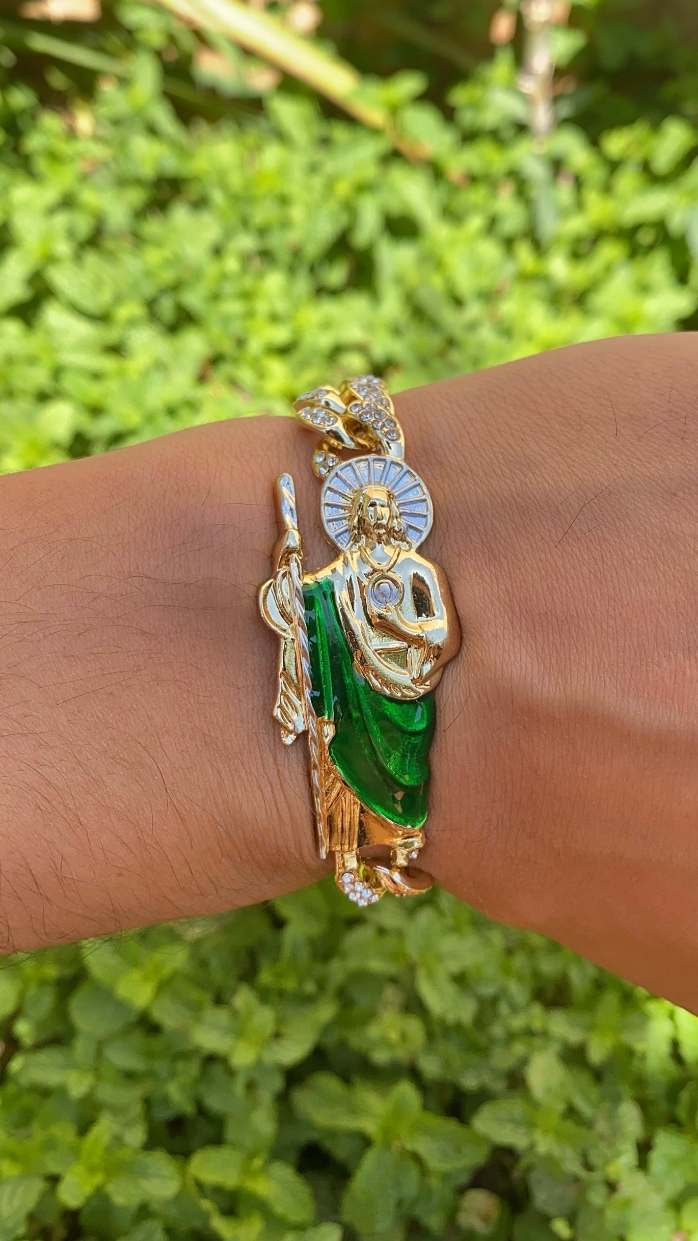 14K Gold Plated CZ San Judas Tadeo Bracelet for Mens 7.5" Gifts for Him