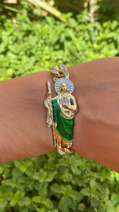 14K Gold Plated CZ San Judas Tadeo Bracelet for Mens 7.5" Gifts for Him