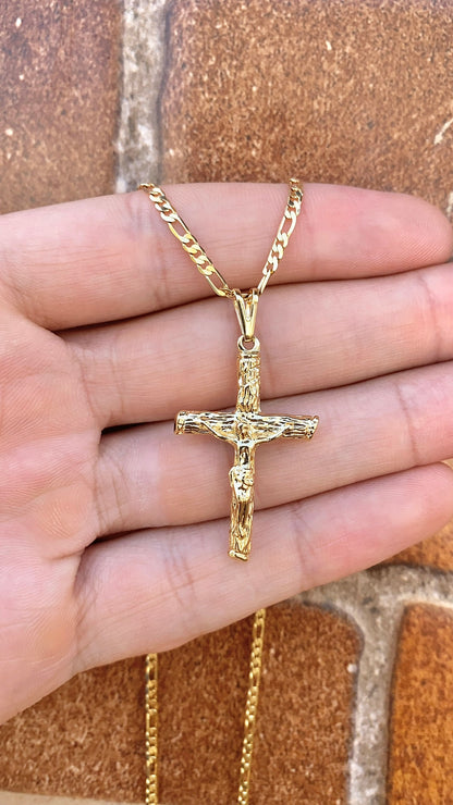 14K Gold Filled Rustic Cross Necklace for Mens Womens Figaro Chain 2.5mm Elegant