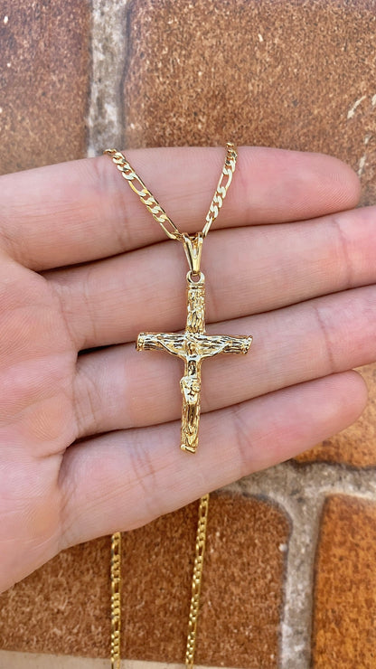 14K Gold Filled Rustic Cross Necklace for Mens Womens Figaro Chain 2.5mm Elegant