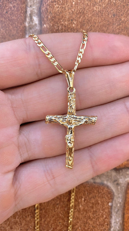 14K Gold Filled Rustic Cross Necklace for Mens Womens Figaro Chain 2.5mm Elegant