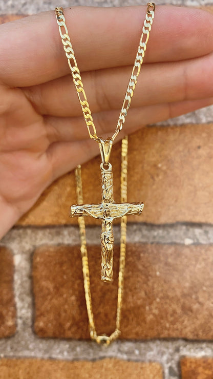 14K Gold Filled Rustic Cross Necklace for Mens Womens Figaro Chain 2.5mm Elegant