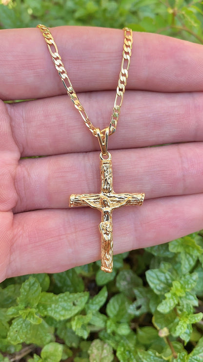 14K Gold Filled Rustic Cross Necklace for Mens Womens Figaro Chain 2.5mm Elegant
