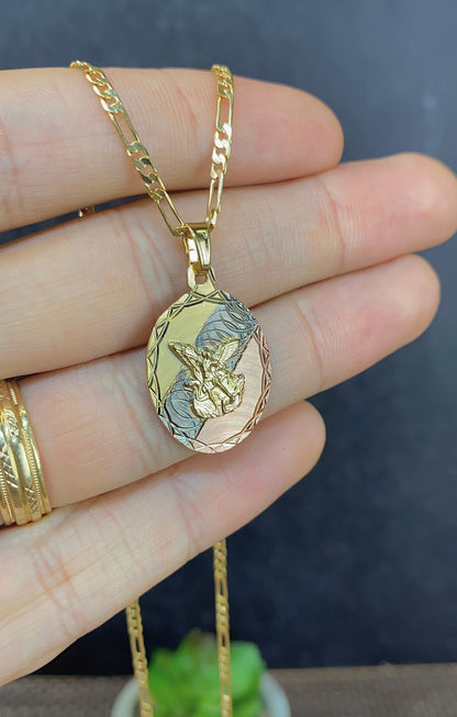 14K Gold Filled Saint Michael Pendant Necklace Figaro Chain for Womens Mens