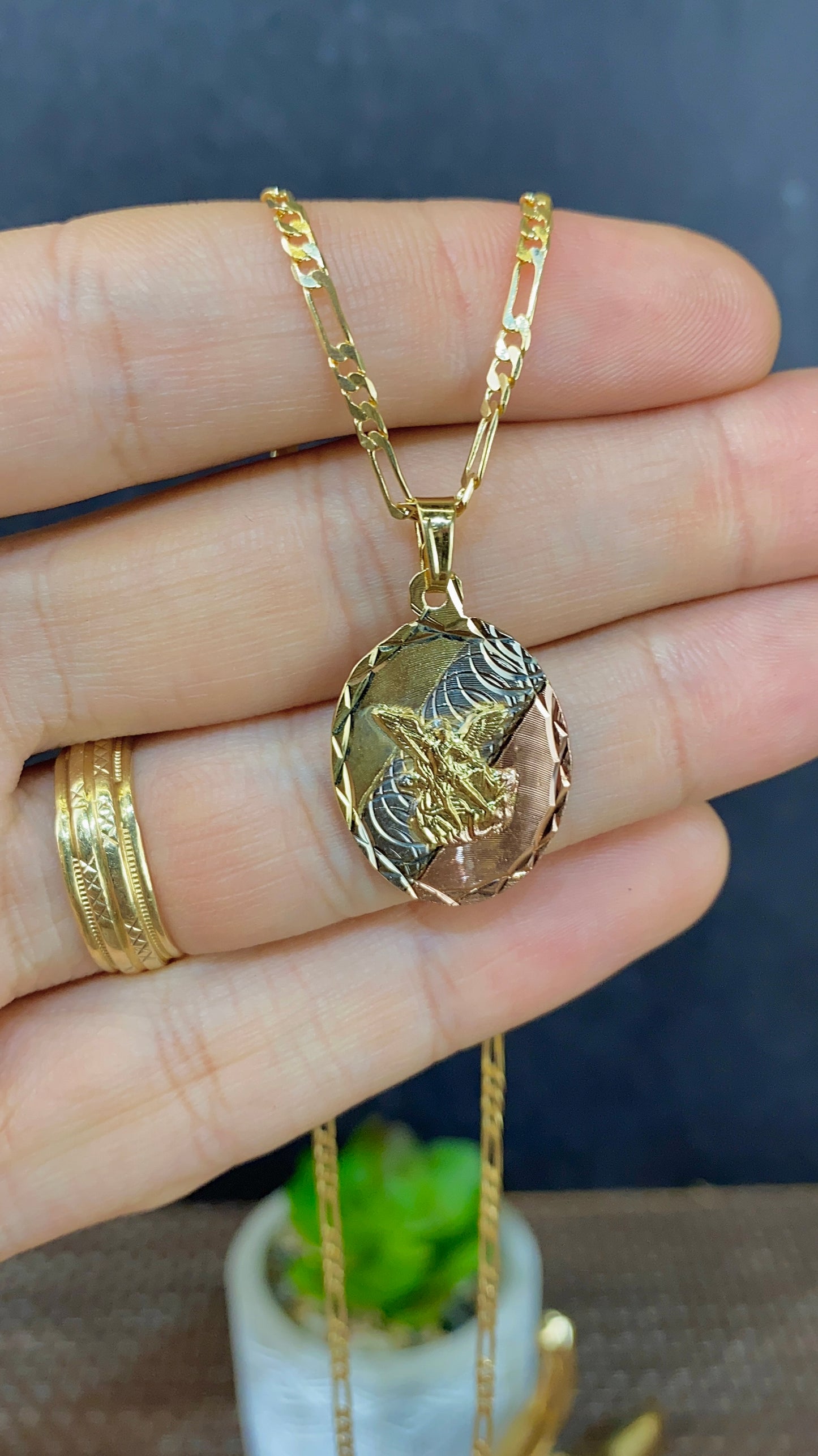 14K Gold Filled Saint Michael Pendant Necklace Figaro Chain for Womens Mens