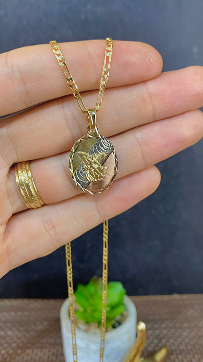 14K Gold Filled Saint Michael Pendant Necklace Figaro Chain for Womens Mens