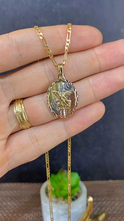 14K Gold Filled Saint Michael Pendant Necklace Figaro Chain for Womens Mens