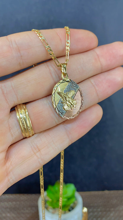 14K Gold Filled Saint Michael Pendant Necklace Figaro Chain for Womens Mens