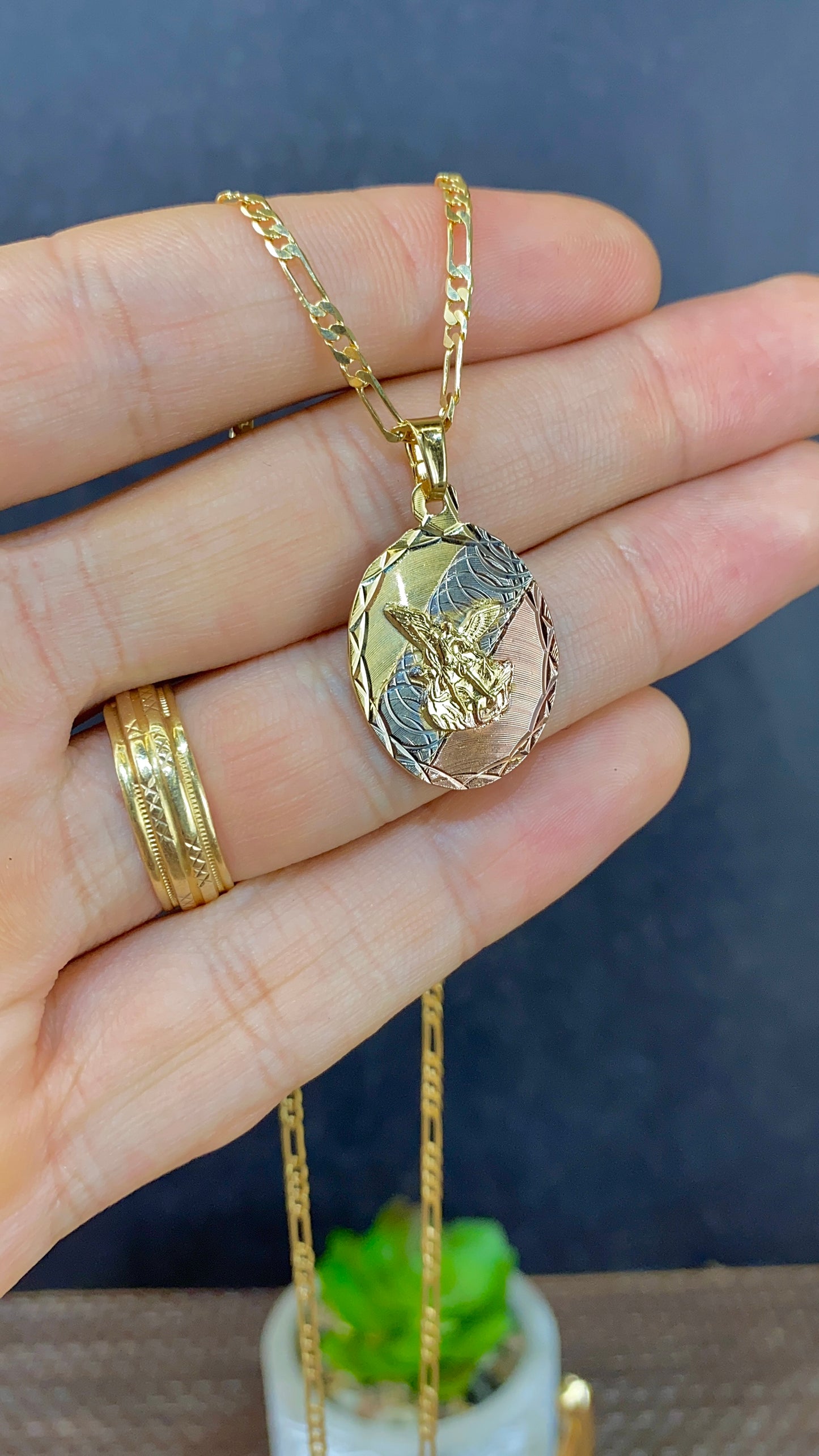 14K Gold Filled Saint Michael Pendant Necklace Figaro Chain for Womens Mens