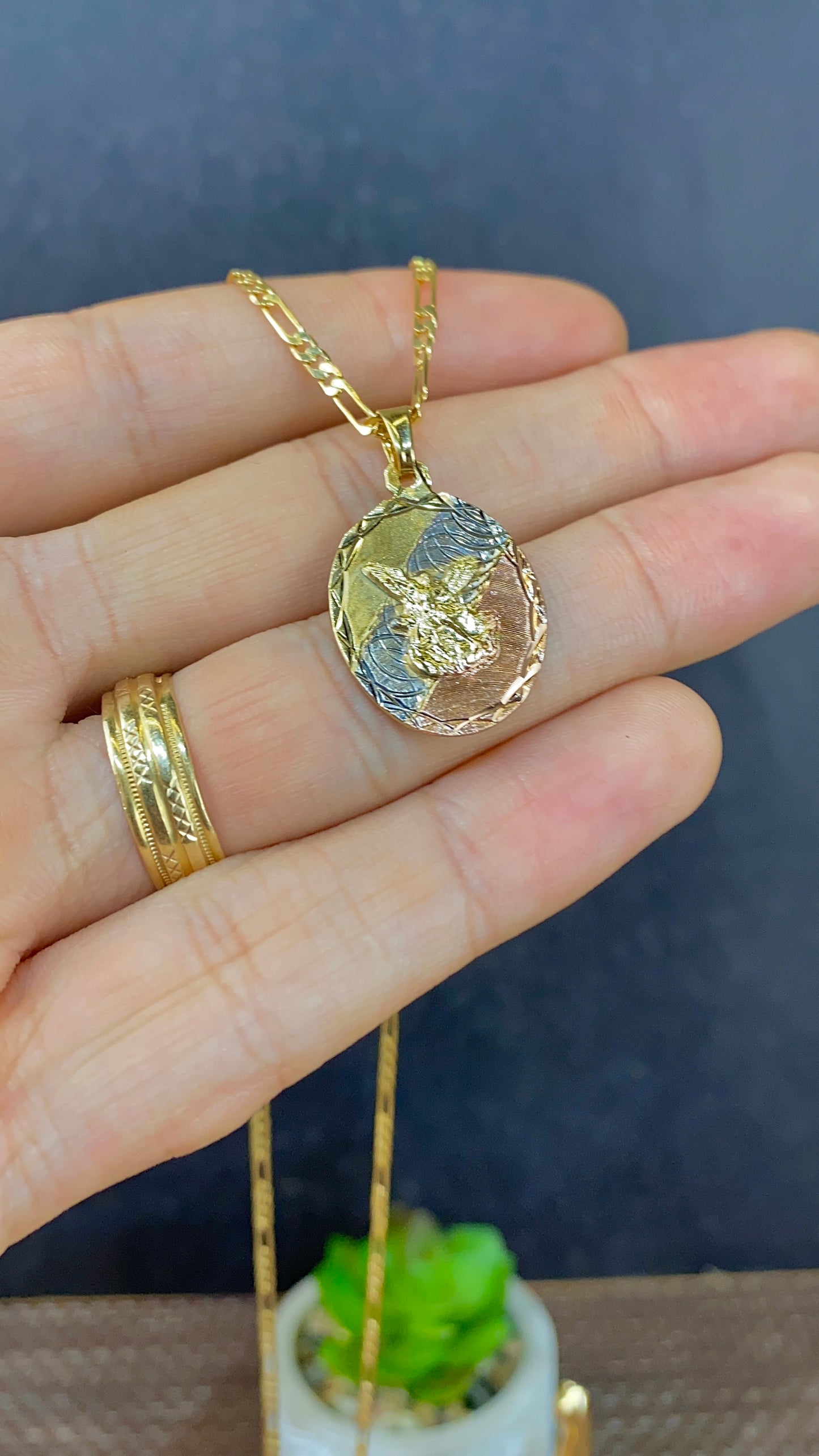 14K Gold Filled Saint Michael Pendant Necklace Figaro Chain for Womens Mens