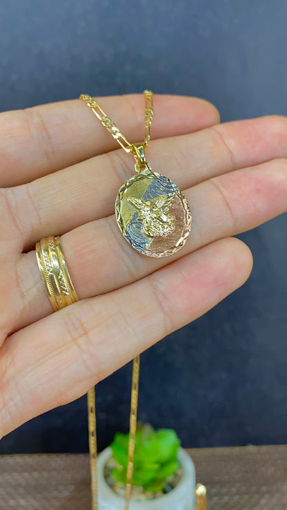 14K Gold Filled Saint Michael Pendant Necklace Figaro Chain for Womens Mens