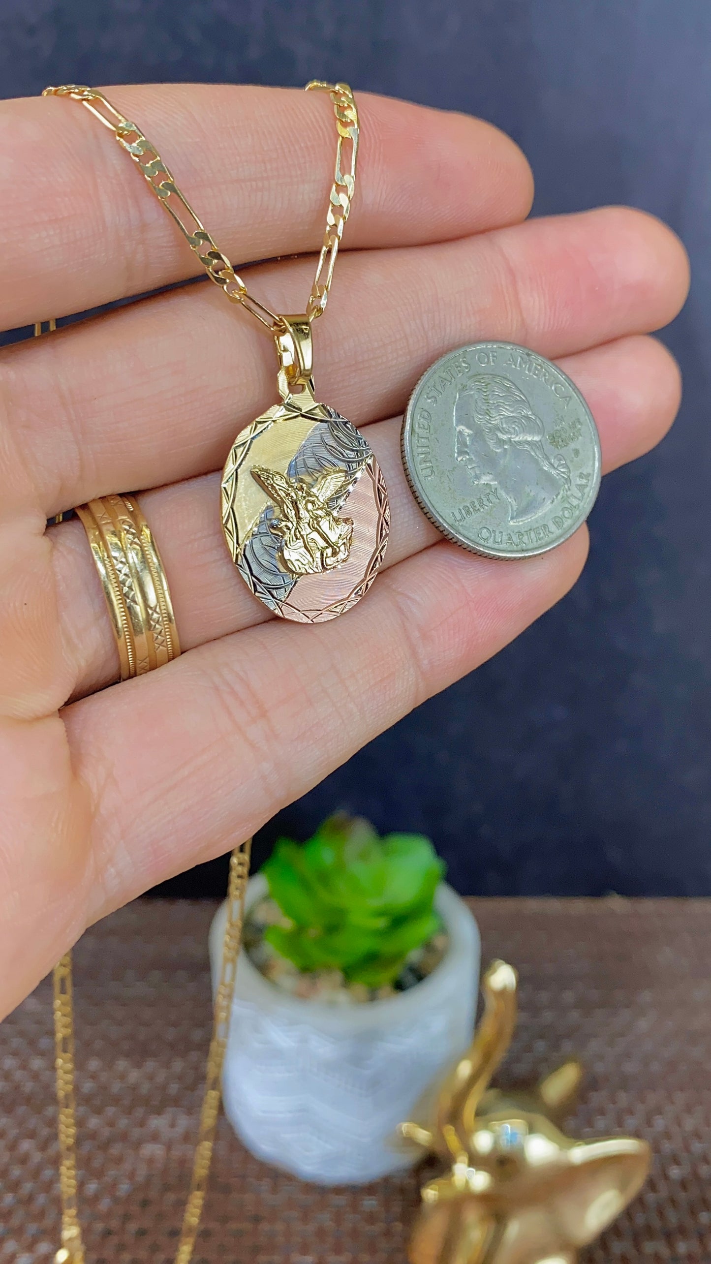 14K Gold Filled Saint Michael Pendant Necklace Figaro Chain for Womens Mens