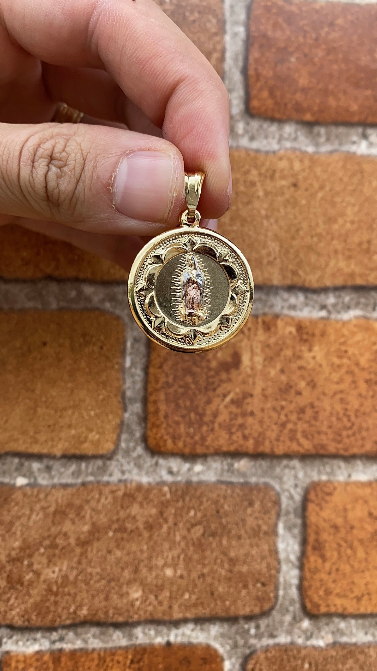 14K Gold Filled Virgen de Guadalupe Pendant Charm 30x26mm Tri Color