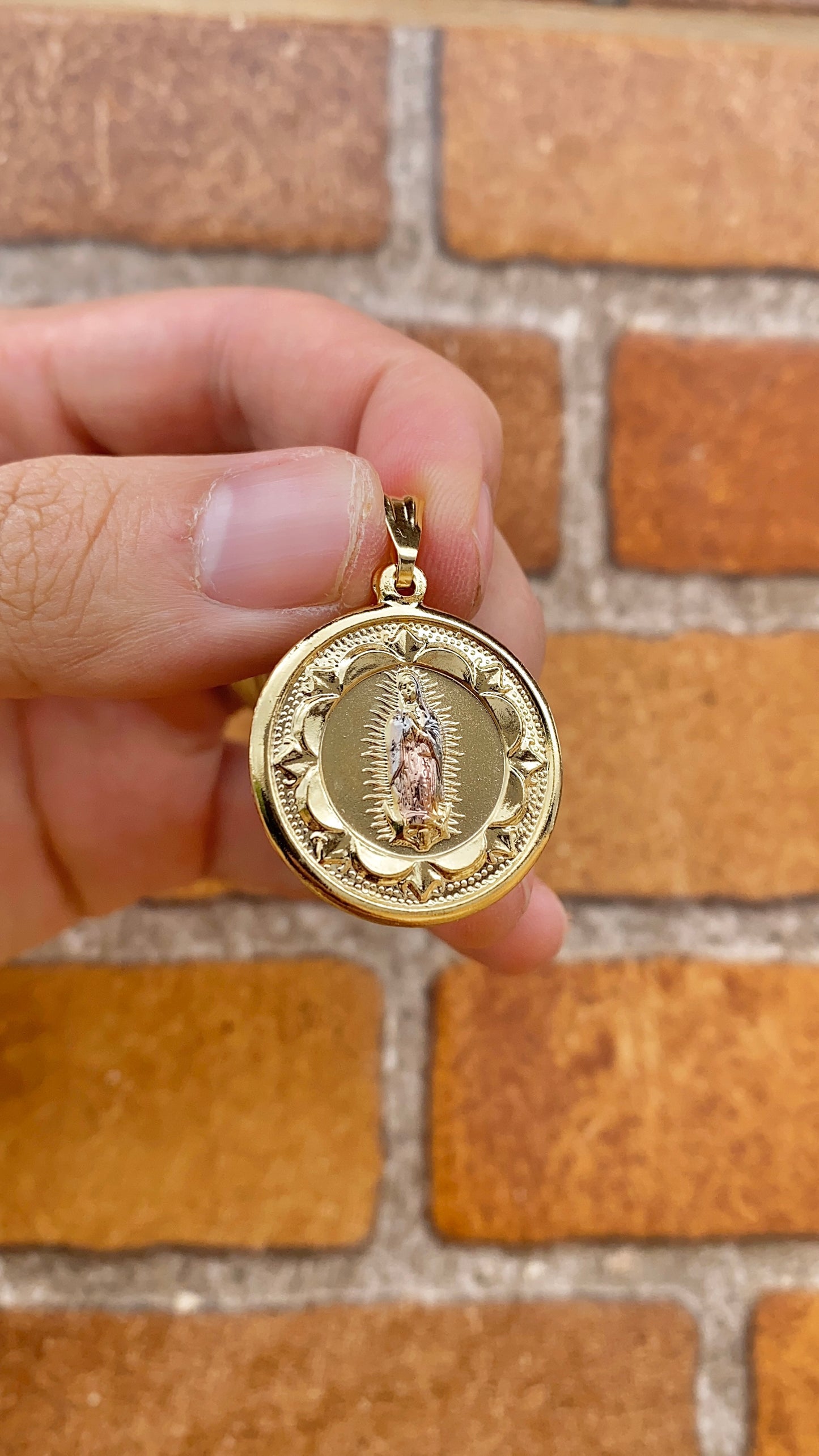 14K Gold Filled Virgen de Guadalupe Pendant Charm 30x26mm Tri Color