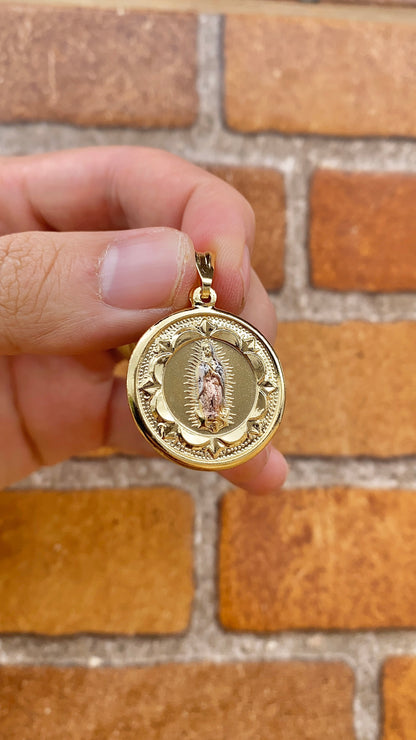 14K Gold Filled Virgen de Guadalupe Pendant Charm 30x26mm Tri Color
