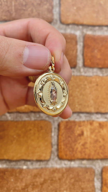 14K Gold Filled Virgen de Guadalupe Pendant Charm 30x26mm Tri Color