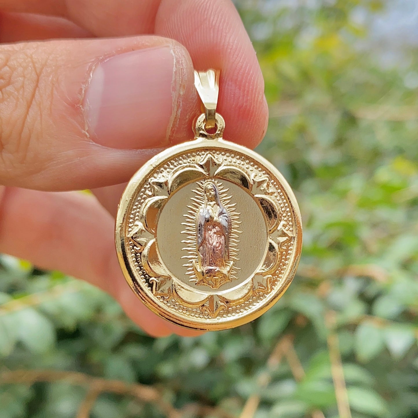 14K Gold Filled Virgen de Guadalupe Pendant Charm 30x26mm Tri Color