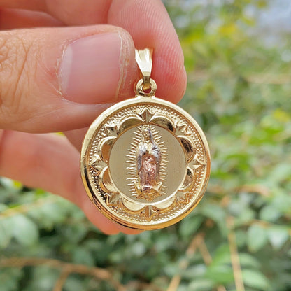 14K Gold Filled Virgen de Guadalupe Pendant Charm 30x26mm Tri Color