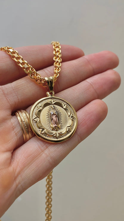 14K Gold Filled Virgen de Guadalupe Necklace Bismarck Chain Chocker 16"