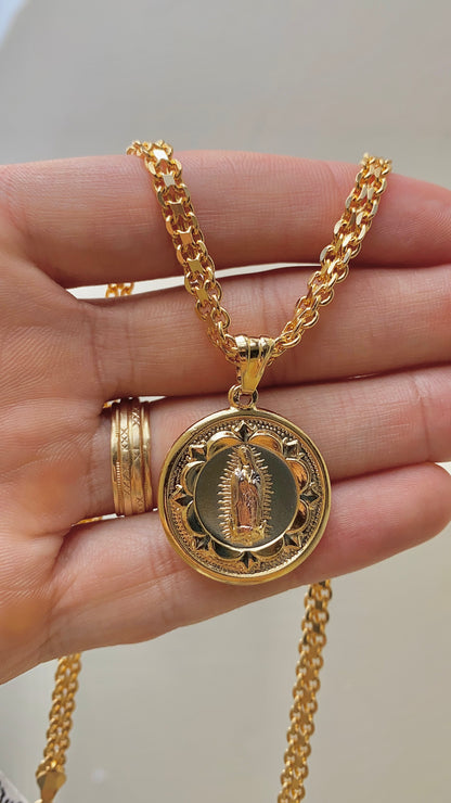 14K Gold Filled Virgen de Guadalupe Necklace Bismarck Chain Chocker 16"