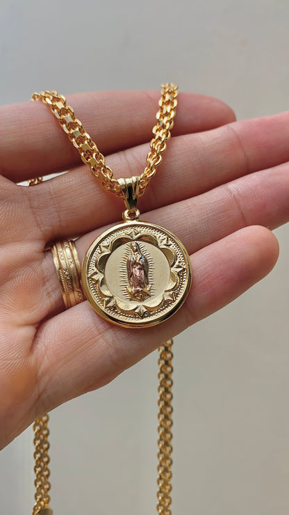 14K Gold Filled Virgen de Guadalupe Necklace Bismarck Chain Chocker 16"