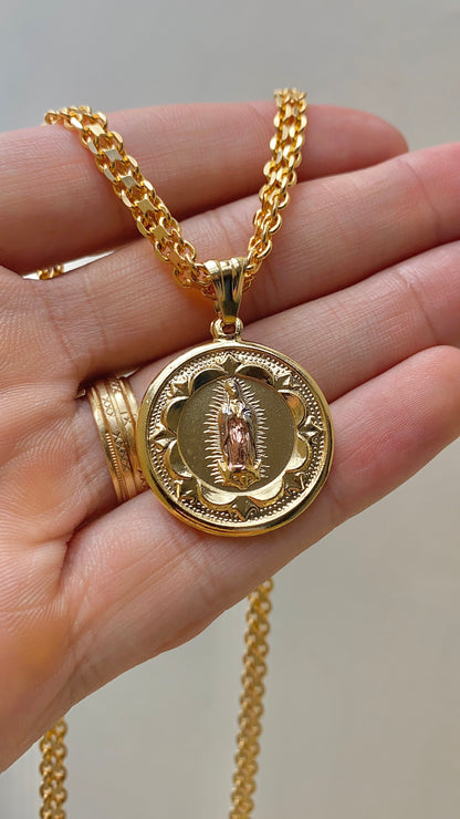14K Gold Filled Virgen de Guadalupe Necklace Bismarck Chain Chocker 16"
