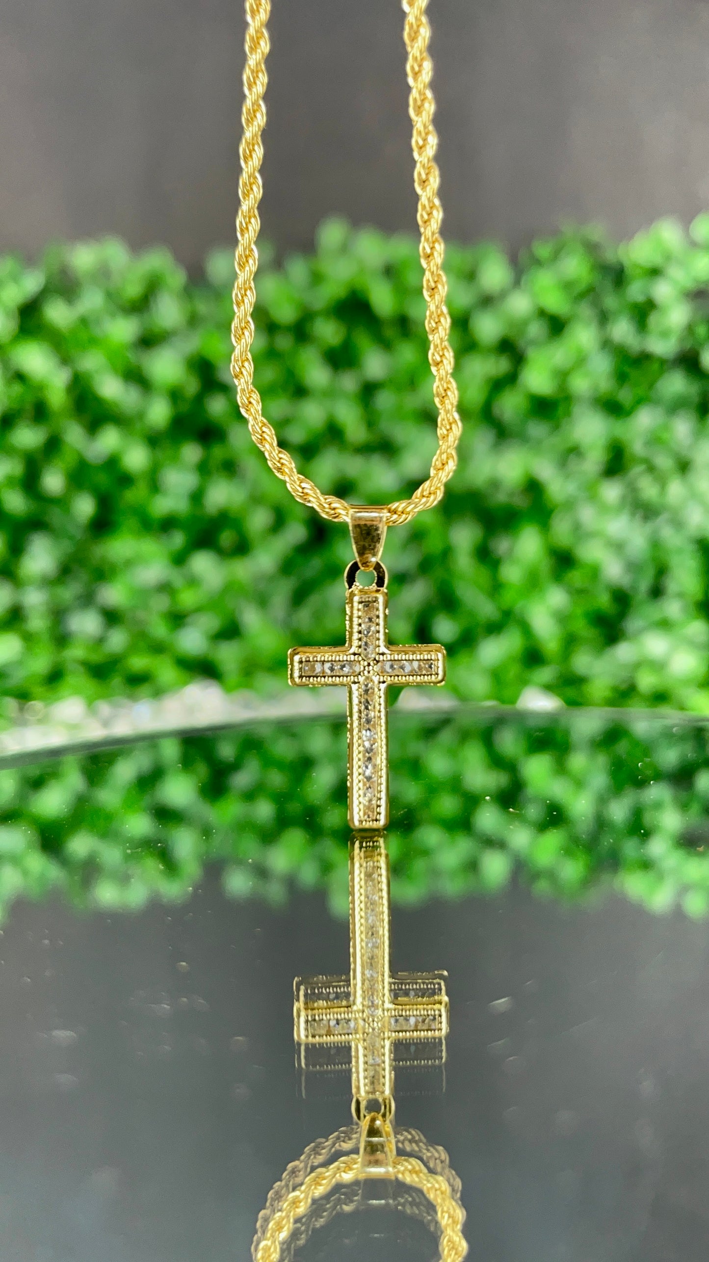 CZ Minimalist Cross Necklace Gold Filled Crucifix Pendant 24x14mm Rope Chain 18"