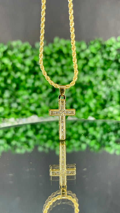 CZ Minimalist Cross Necklace Gold Filled Crucifix Pendant 24x14mm Rope Chain 18"
