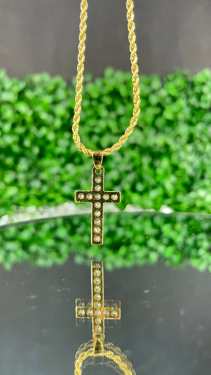 CZ Minimalist Cross Necklace Gold Filled Crucifix Pendant 24x14mm Rope Chain 18"