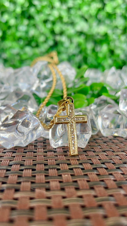 CZ Minimalist Cross Necklace Gold Filled Crucifix Pendant 24x14mm Rope Chain 18"