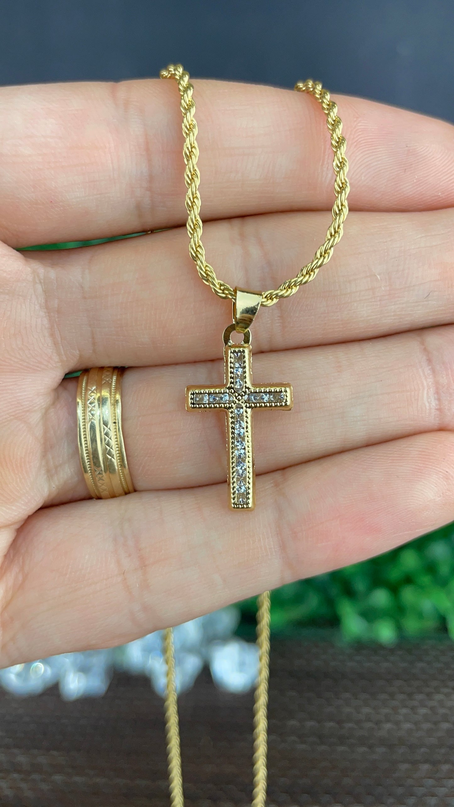 CZ Minimalist Cross Necklace Gold Filled Crucifix Pendant 24x14mm Rope Chain 18"