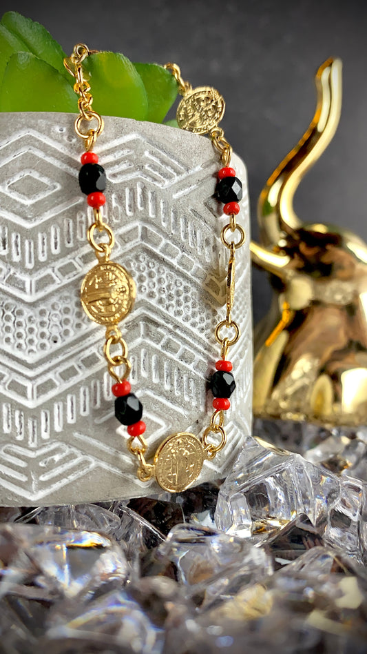 Womens San Benito Bracelet - Gold Filled Saint Benedictus Charm Black Red Beads