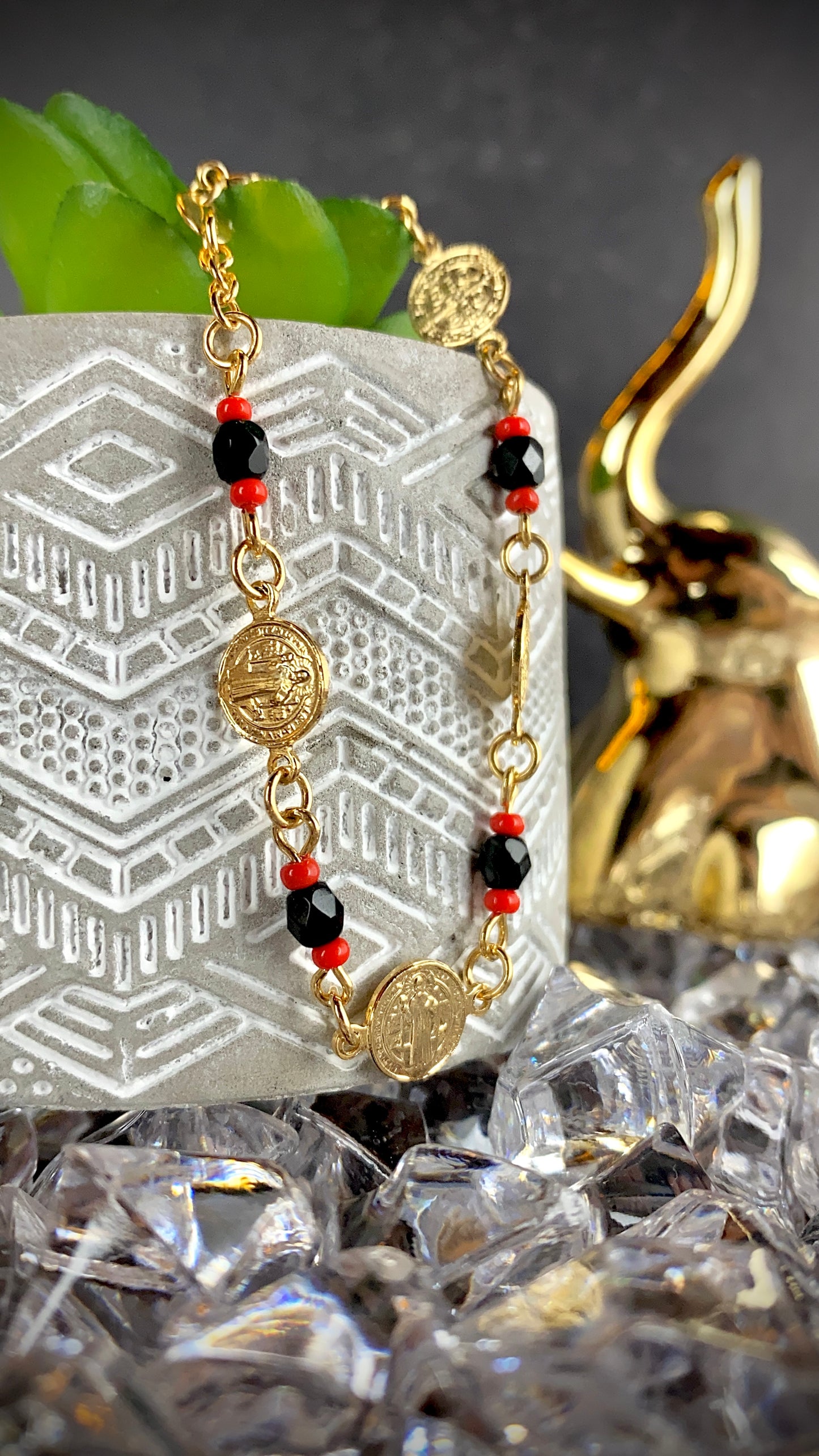 Womens San Benito Bracelet - Gold Filled Saint Benedictus Charm Black Red Beads