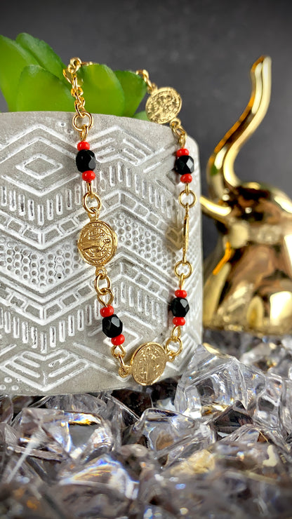 Womens San Benito Bracelet - Gold Filled Saint Benedictus Charm Black Red Beads