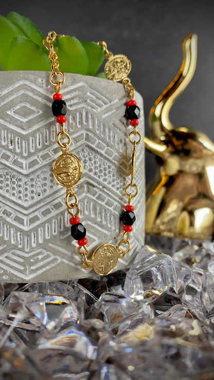 Womens San Benito Bracelet - Gold Filled Saint Benedictus Charm Black Red Beads