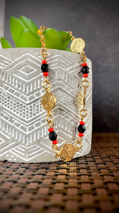 Womens San Benito Bracelet - Gold Filled Saint Benedictus Charm Black Red Beads