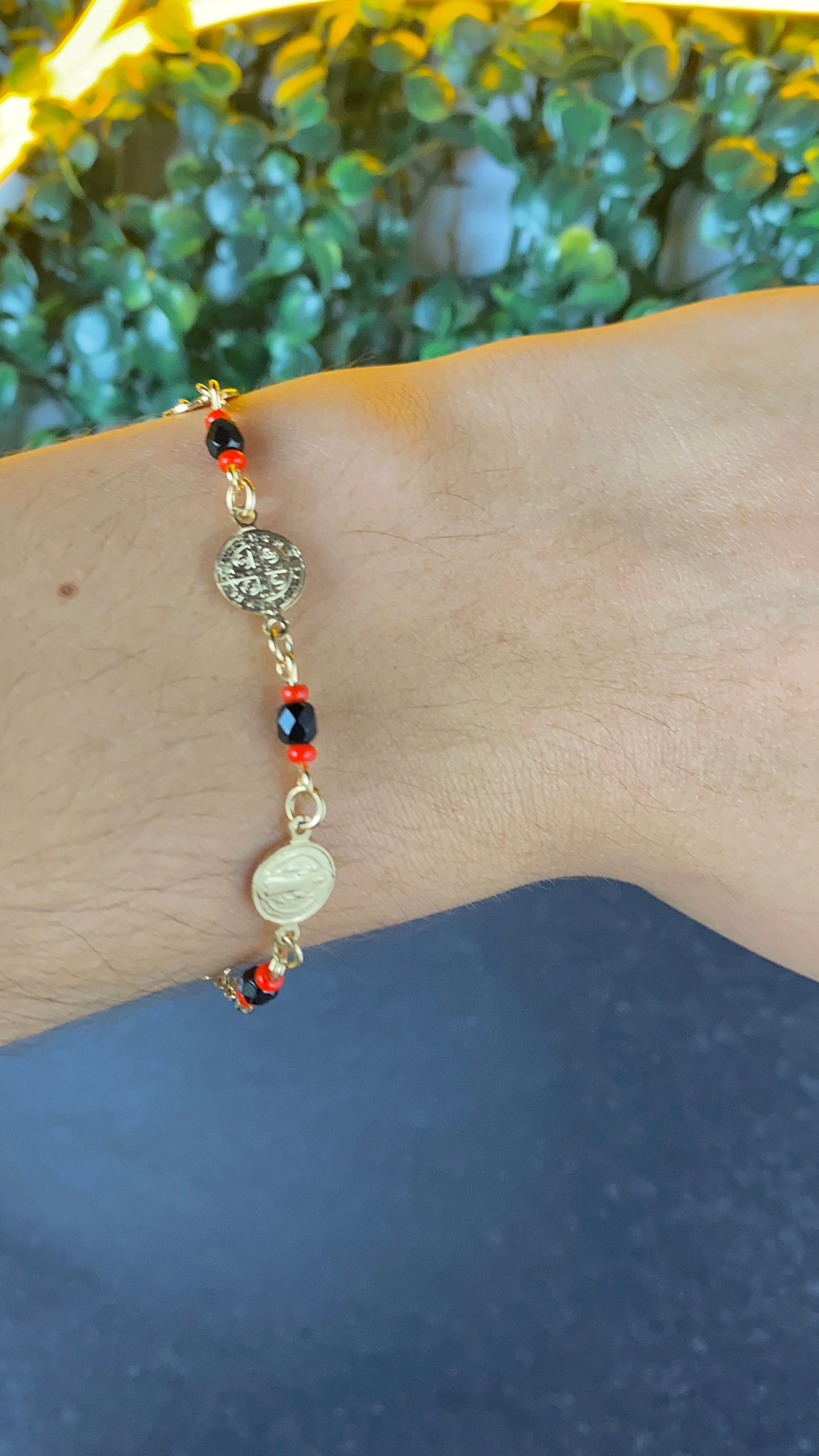 Womens San Benito Bracelet - Gold Filled Saint Benedictus Charm Black Red Beads