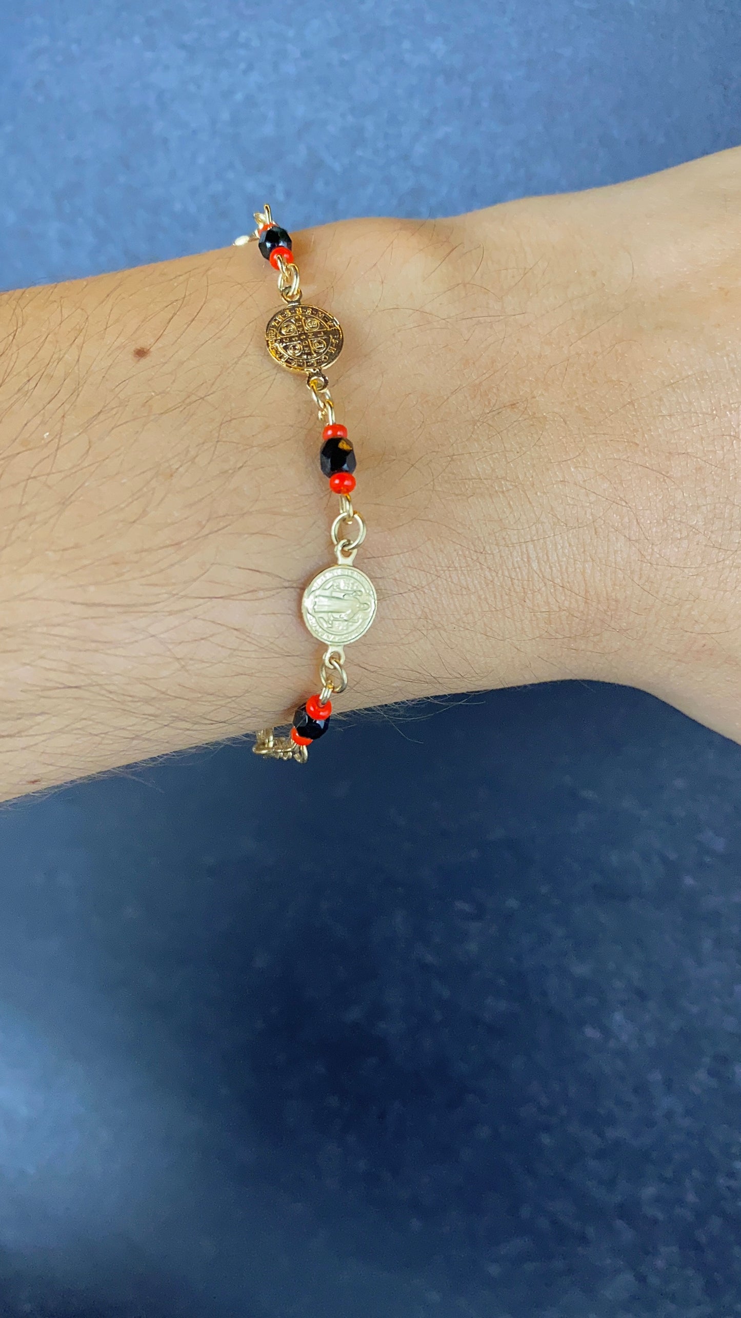 Womens San Benito Bracelet - Gold Filled Saint Benedictus Charm Black Red Beads